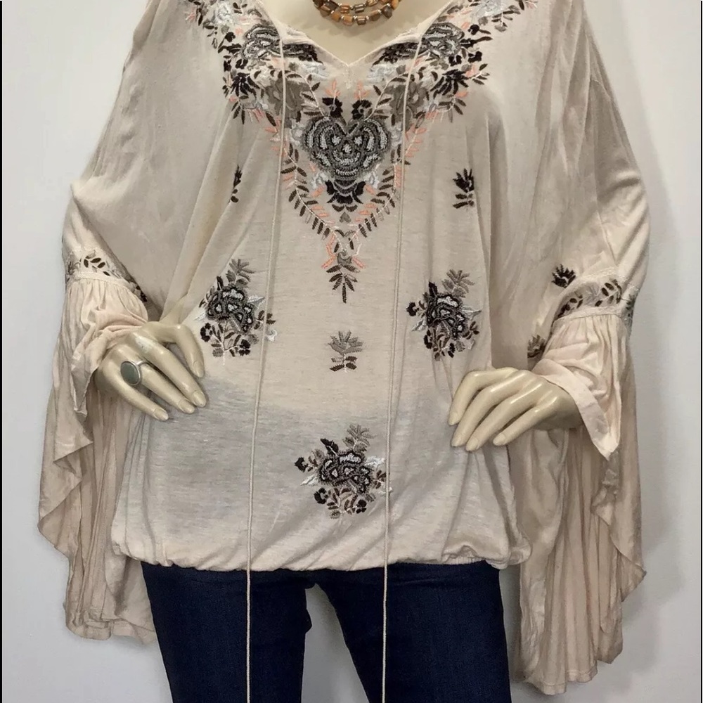 Free People Cream Embroidered Bell Sleeve Blouse